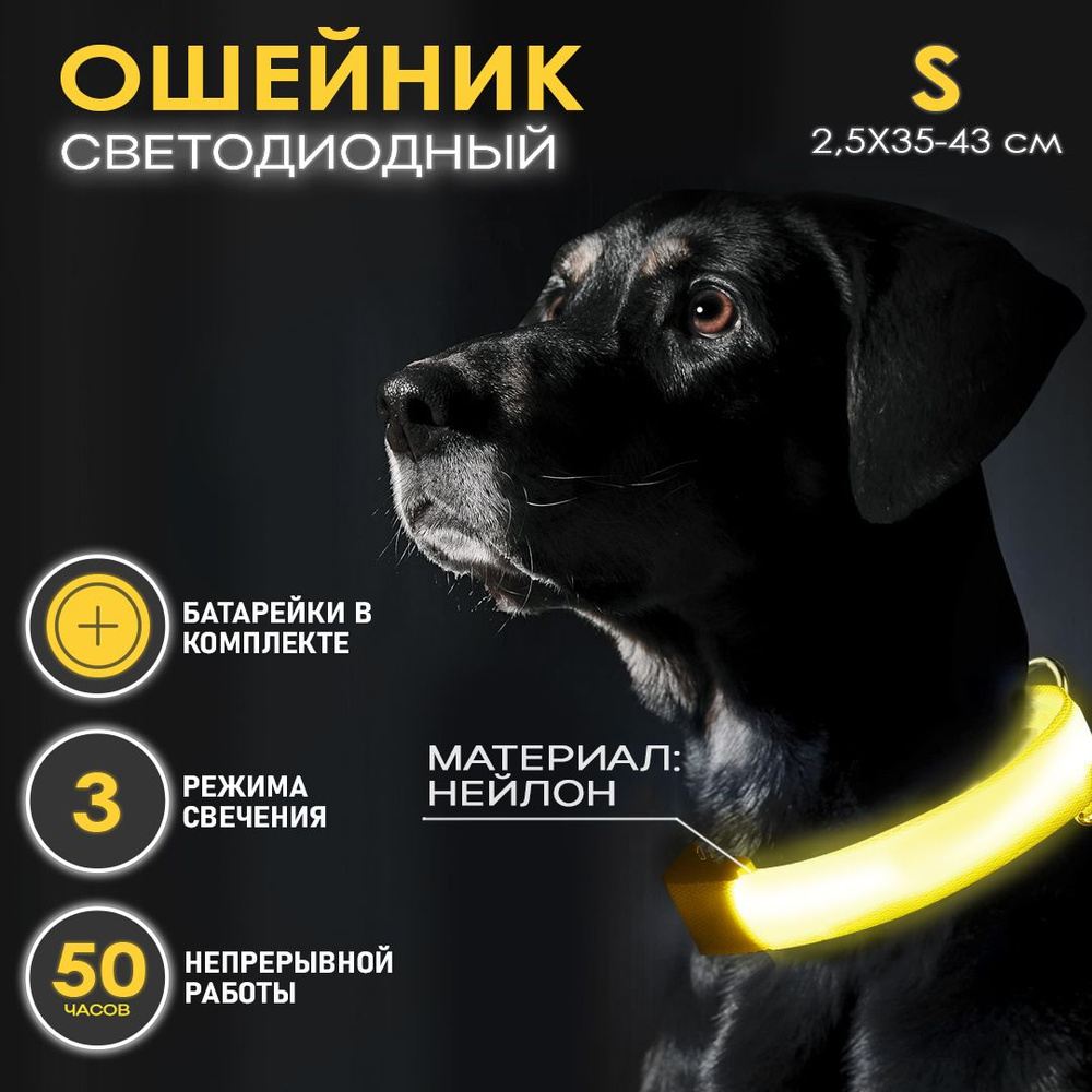 Ошейник светящийся для собак и кошек светодиодный нейлоновый желтого цвета, размер S - 2,5х35-43 см  #1