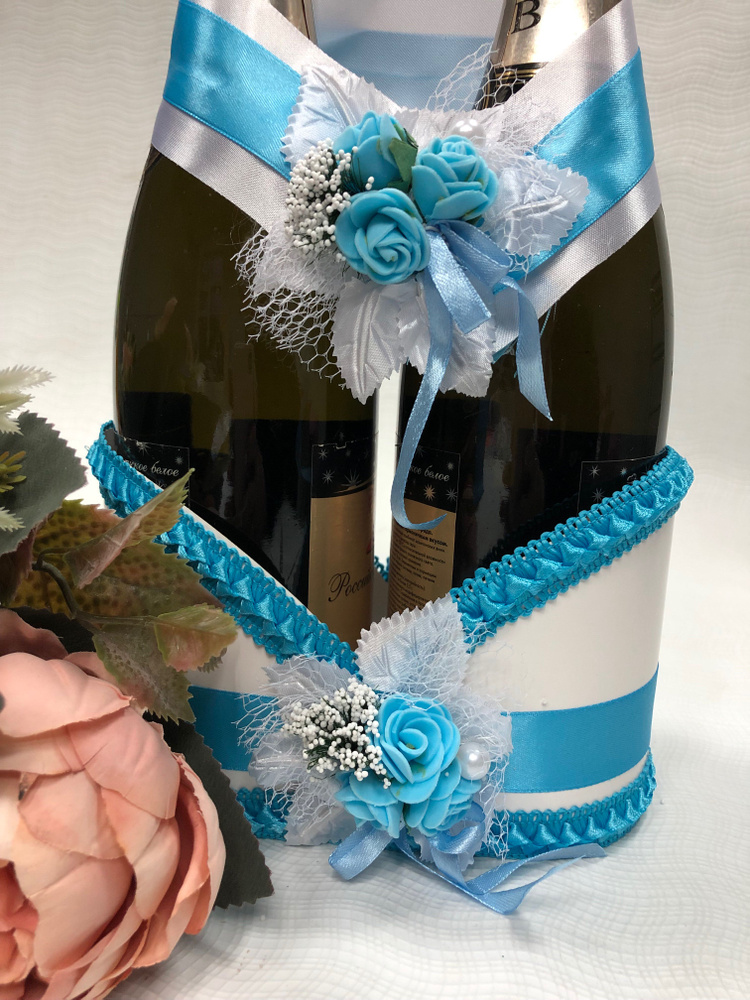 Свадебная корзинка для шампанского Бутоньерка, бирюза #1