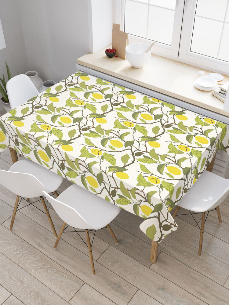 Прямоугольная водоотталкивающая тканевая скатерть на стол JoyArty с рисунком "Лимоны на ветке" 145 на #1