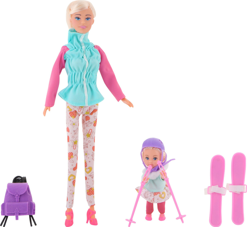 Игровой набор Кукла с пупсом на лыжах Bigga, 6 предметов, фиолетовый ...