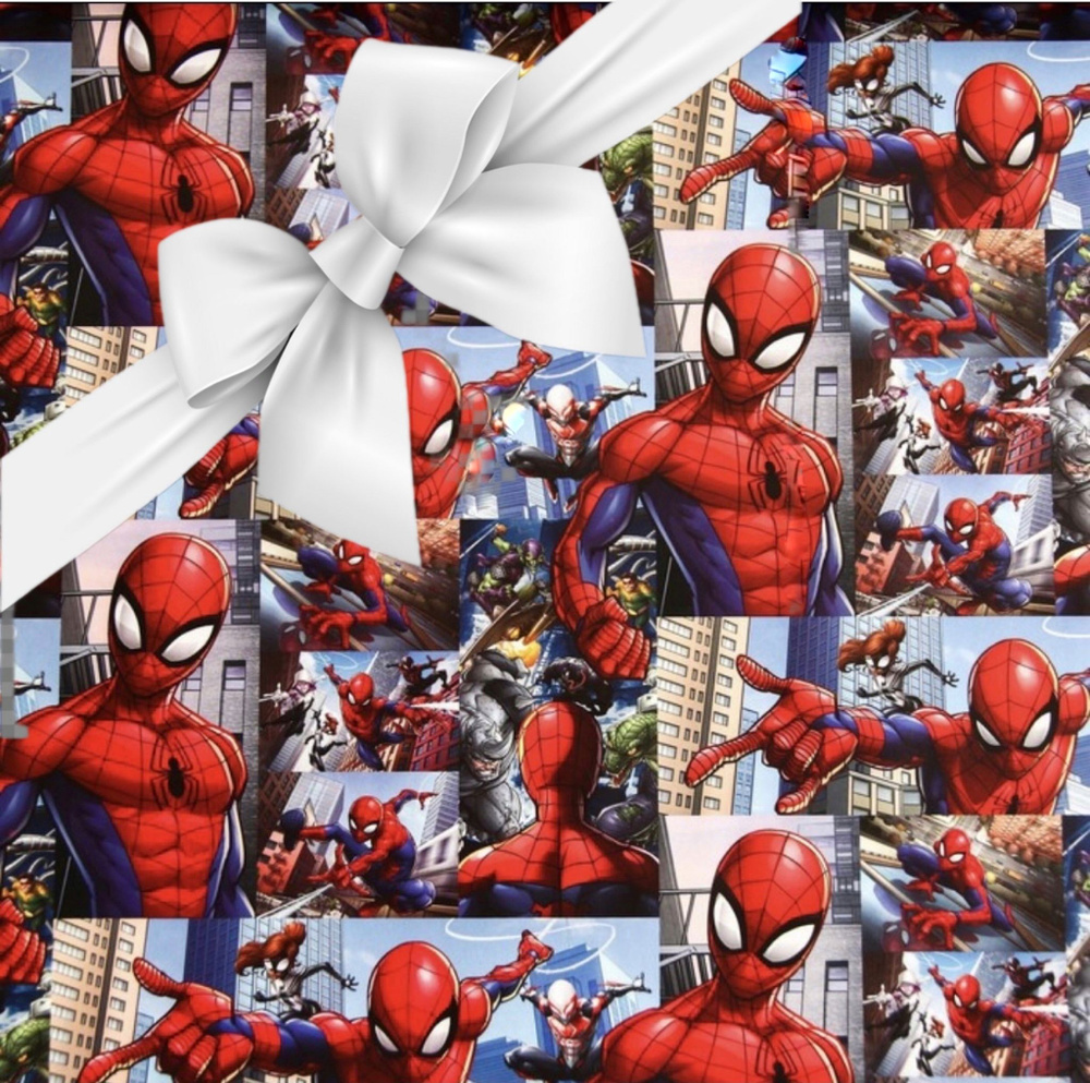 Упаковочная бумага для подарков детская Человек-паук 1 лист 70х100см + лента атласная 2 метра 20мм, набор #1