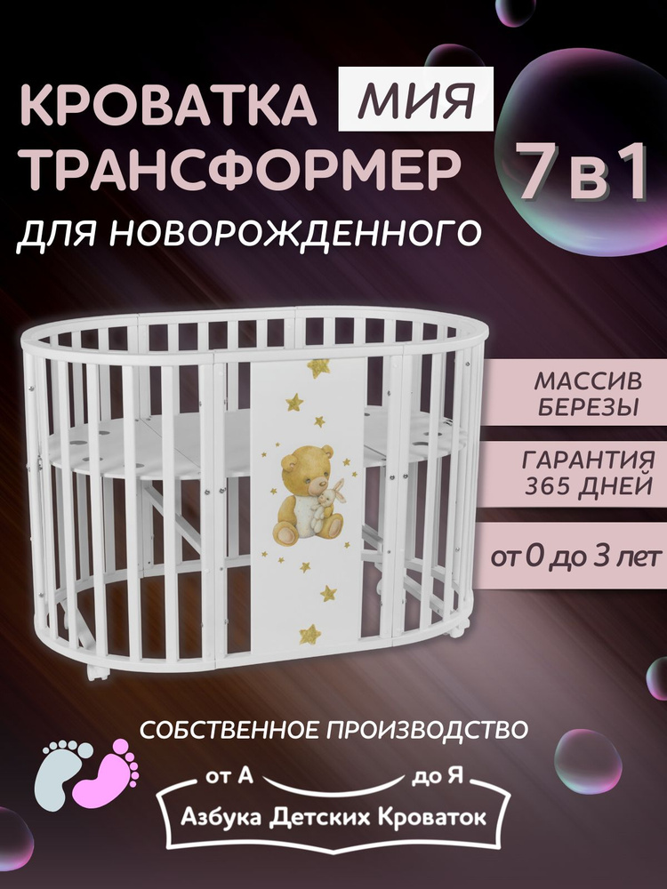 Азбука Кроваток, Детская кроватка-трансформер для новорожденных 7 в 1 на колесах Мия с принтом  #1