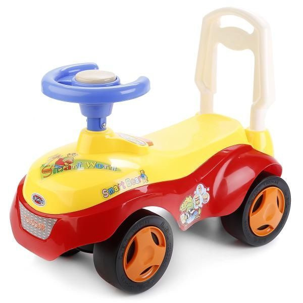 Каталка детская (толокар) Машина Джип с ручкой, сигнал-пищалка красно-желтый  #1