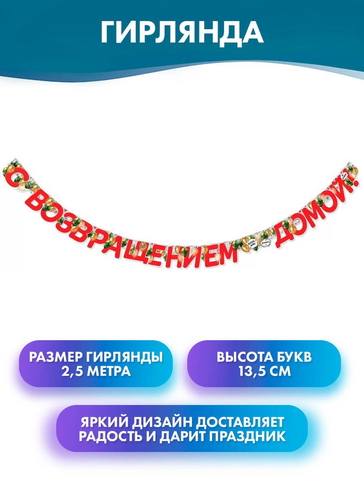 ГК Горчаков Растяжка "Гирлянда "С возвращением домой!", бумажное украшение на Дембель", 250 см, 1 шт #1