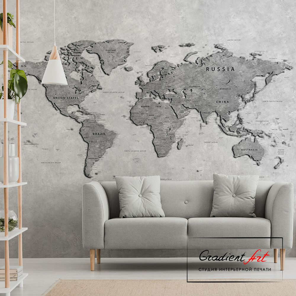 Фотообои карта мира бетон лофт "Карта мира" 420см x 270см флизелин премиум моющиеся GradientArt WM2B420270LG #1