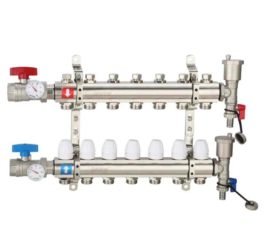 Коллектор регулируемый с запорными клапанами из латуни Gappo G425.7 7-вых.x1"x3/4" уп. 1 шт.  #1