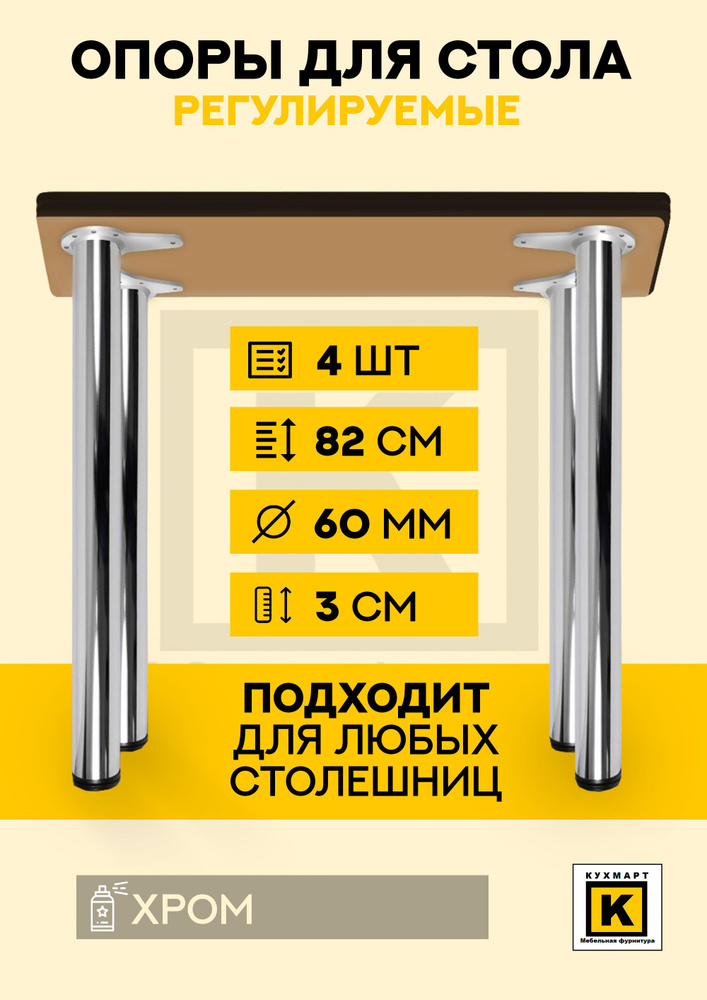 Ножки для стола, столешницы 60*820 мм 4шт металлические регулируемые, Хром  #1