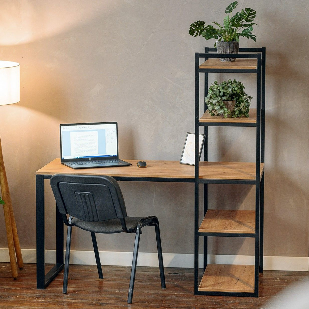 Стол со стеллажом Birman, светлый дуб/черный каркас, для офиса  #1