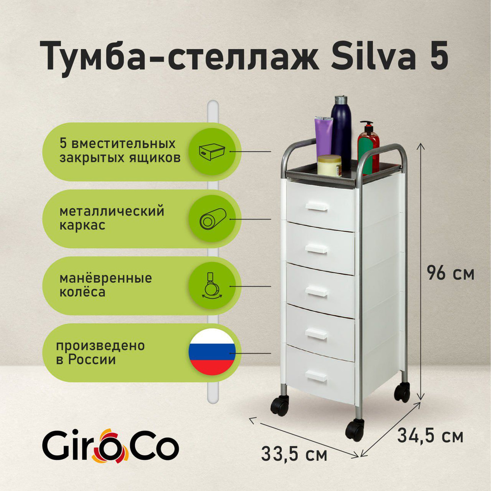 Комод пластиковый с ящиками GiroCo Silva 5 34,5х33,5х96 см стеллаж металлический на колесиках напольный #1