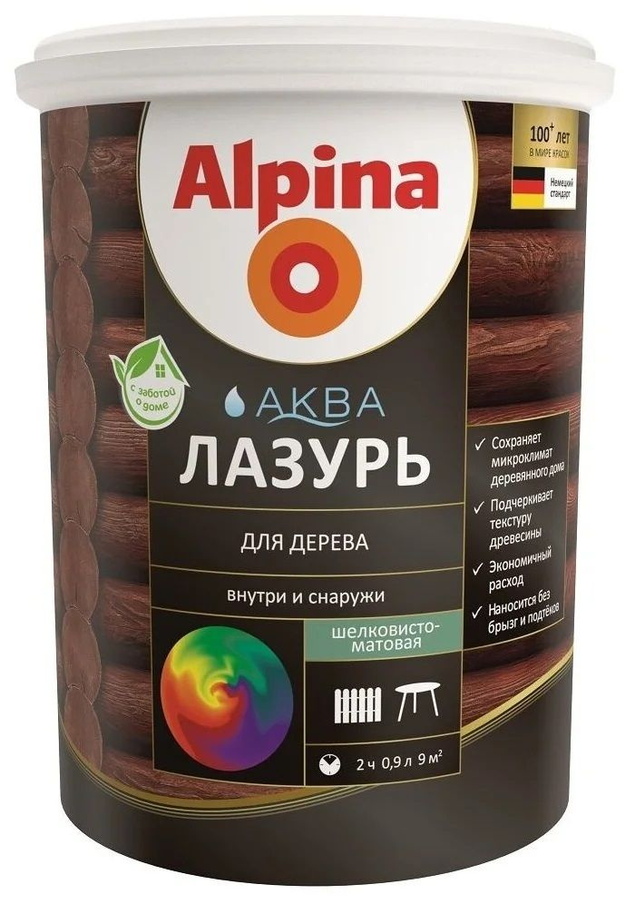 Биоцидная пропитка Alpina Аква лазурь для дерева, 0.9 л, рябина  #1