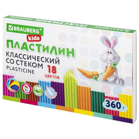 Пластилин классический BRAUBERG KIDS, 18 цветов, 360 г, со стеком, 106510  #1