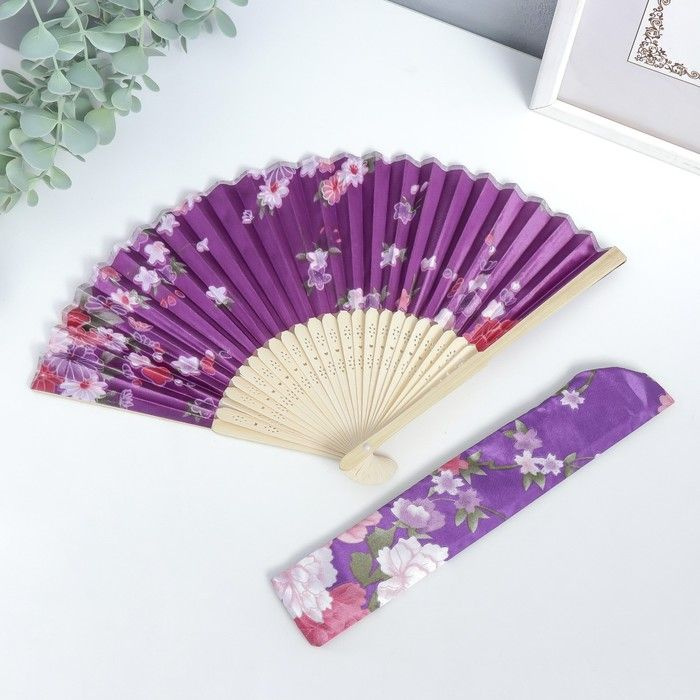 Веер бамбук, текстиль h 21 см "Цветы" с чехлом, фиолетовый #1