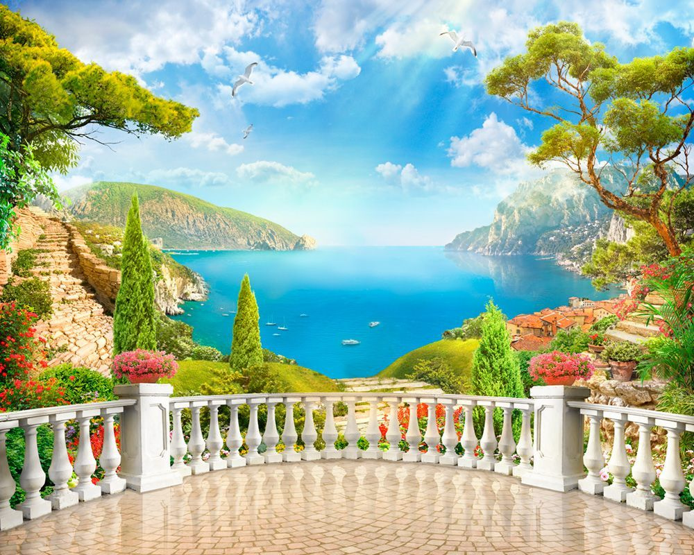 Фотообои GrandPik 71436 Фреска "Балкон на море, Средиземноморский пейзаж", 250х200 см(Ширина х Высота) #1