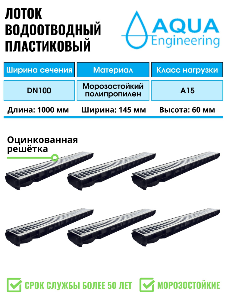 Лоток водоотводный пластиковый дренажный, с решеткой штампованной оцинкованной, 1000x145x60 (6 шт)  #1