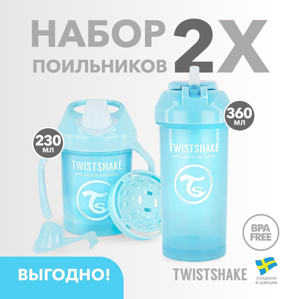Набор поильников Twistshake для детей, Mini Cup 230 мл и Straw Cup 360 мл, 2 шт., пастельный синий  #1
