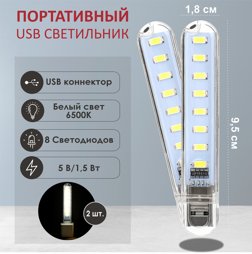 Светильник светодиодный с портом USB 2 шт. OTLEX дневной белый свет 6500 К, 8 диодов, 1,5 Вт, 5 В, 9,5х1,8 #1