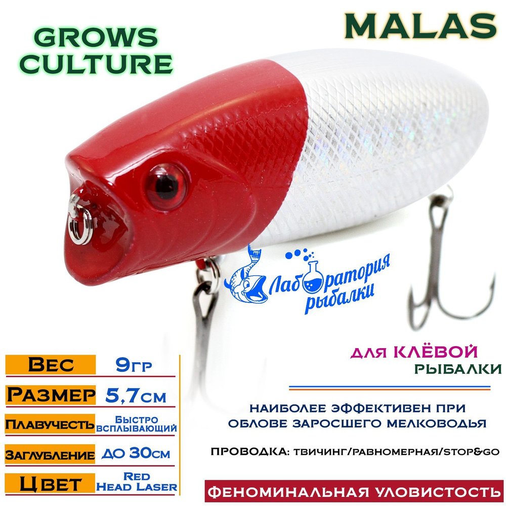 Воблер поверхностный Malas Grows Culture / длина 57 мм , вес 9 гр , цвет 3004 Red Head Laser , заглубление #1