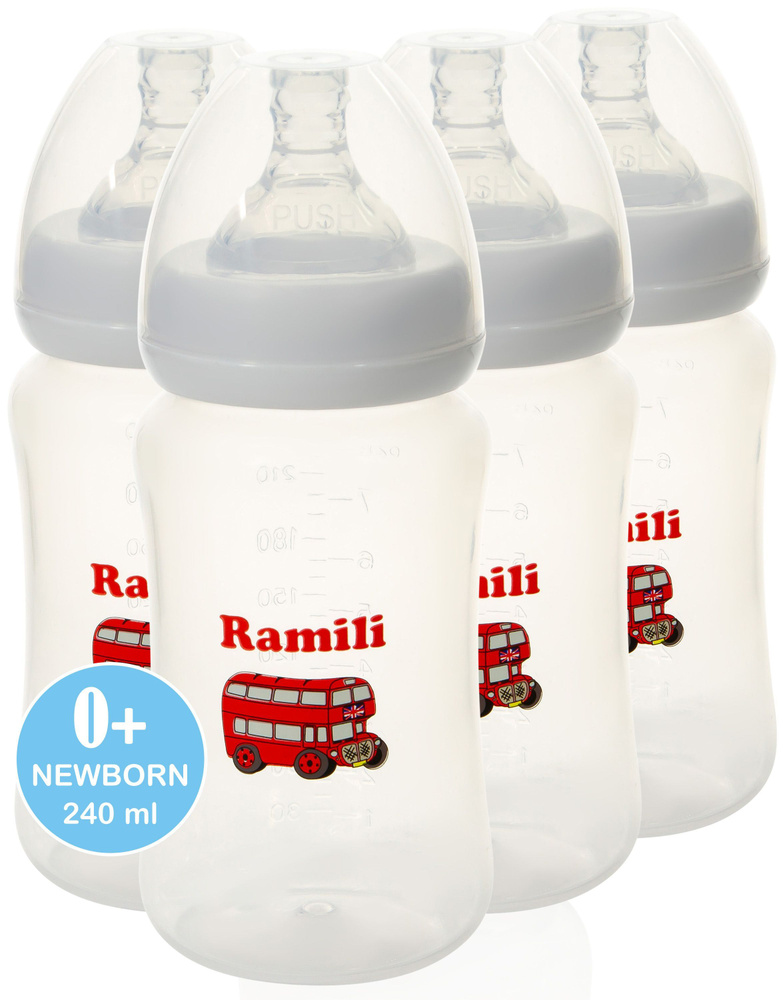 Набор из 4-х противоколиковых бутылочек Ramili Baby 240MLX4 (240 мл. x4 , 0+, слабый поток)  #1