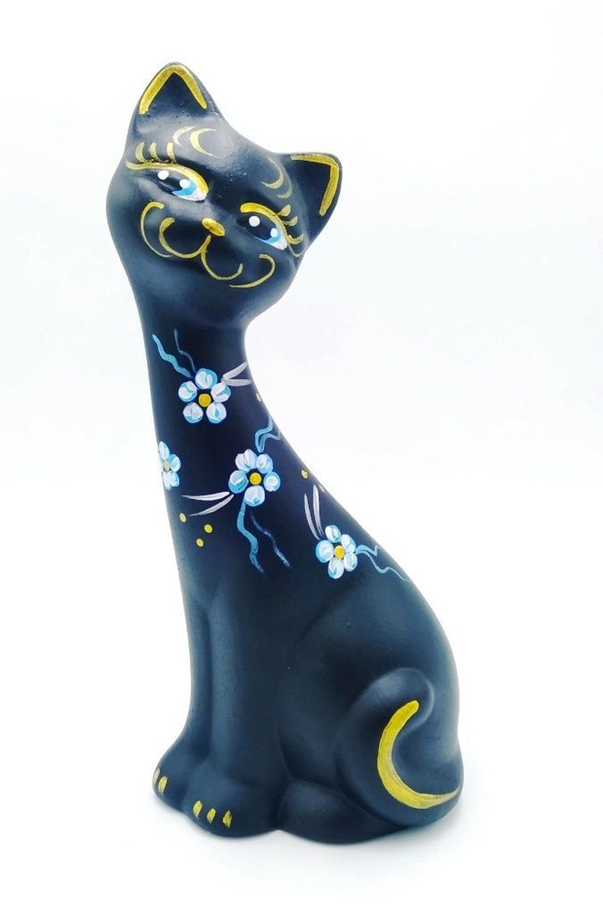 Статуэтка Кошка Кэт незабудки 20x9x8см из керамики для интерьера, декора дома. Сувенир подарок на день #1