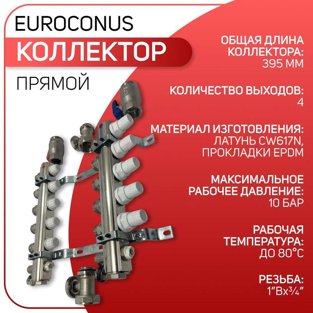 Коллекторный модуль с запорными кранами, латунь, ICMA арт. K021, ВР 1" х 4 выхода х 3/4" Euroconus прямой #1