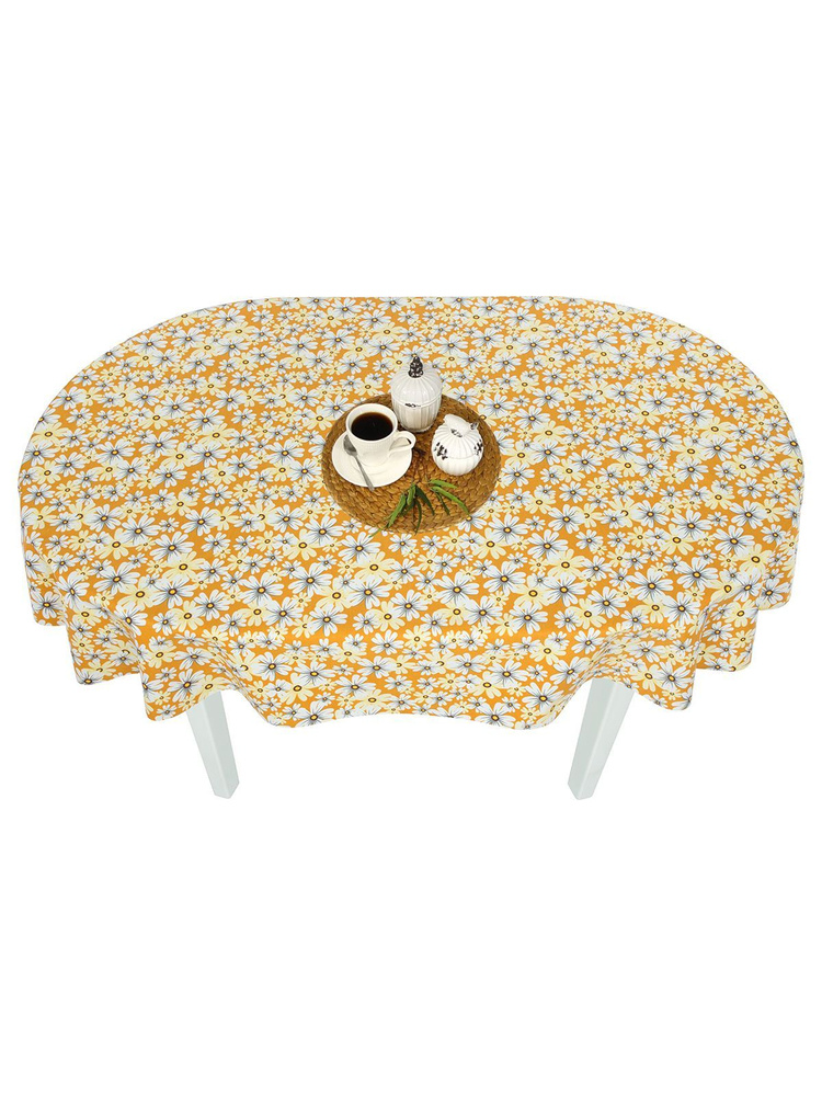 Тефлоновая скатерть на стол тканевая Maifon Ромашки Желтая с пропиткой водоотталкивающей. Скатерть овальная #1