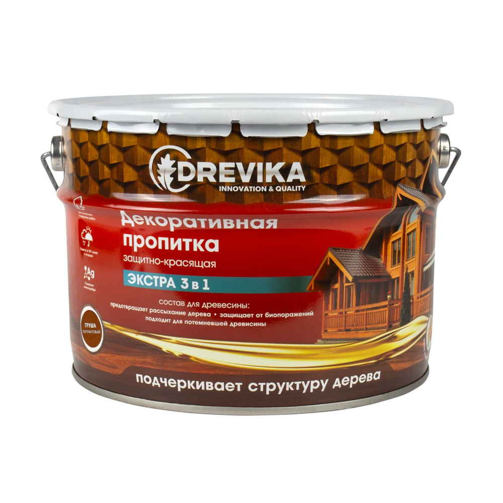 Декоративная пропитка для дерева Drevika Экстра 3 в 1, полуматовая, 9 л, груша  #1