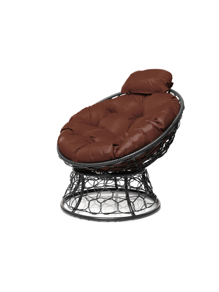 Кресло ПАПАСАН мини с ротангом серое, коричневая подушка  #1