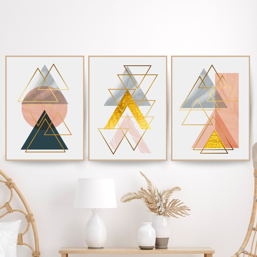 Постеры интерьерные "Абстракция треугольники" 3 штуки, 30х42 см, для гостиной, спальни, кухни в подарочном #1