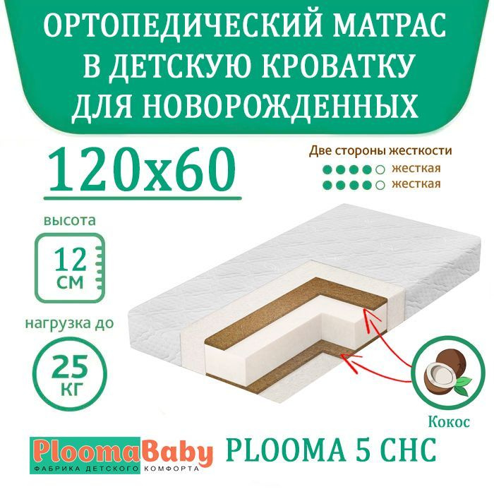 PLOOMABABY Матрас в кроватку Plooma 5 - 120/60см. / кокос-холлкон-кокос / высота матраса 12 см / Съемный #1