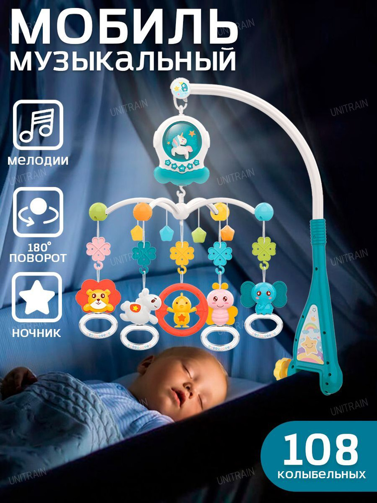 Музыкальный мобиль на кроватку с ночником для новорожденных/ карусель на кроватку, бирюзовый  #1