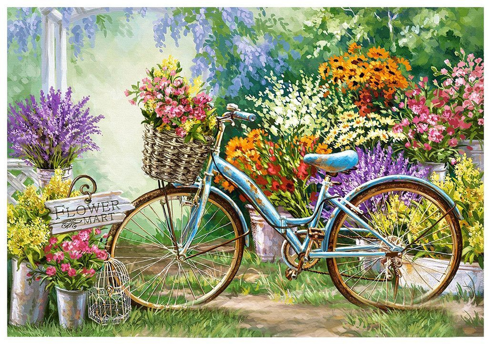 Картина по номерам на холсте 40Х50 на подрамнике Цветочный велосипед. Полевые цветы. Букет.  #1