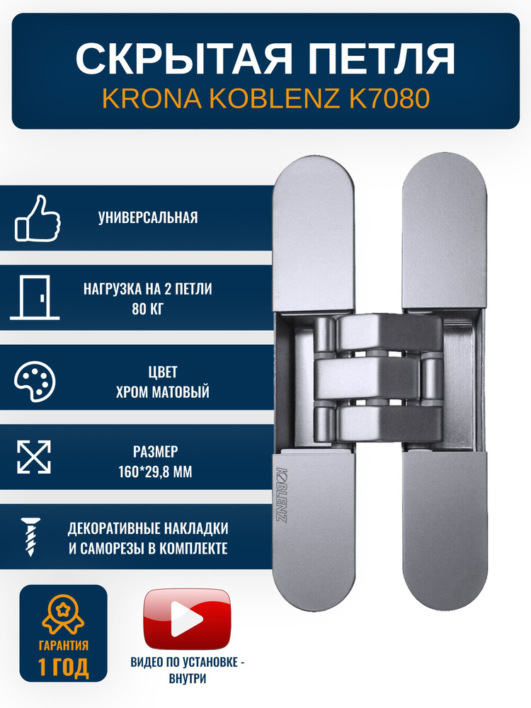 Петли дверные скрытые KRONA KOBLENZ K7080 CS, 1 шт., нагрузка на петли 80 кг, цвет хром матовый  #1