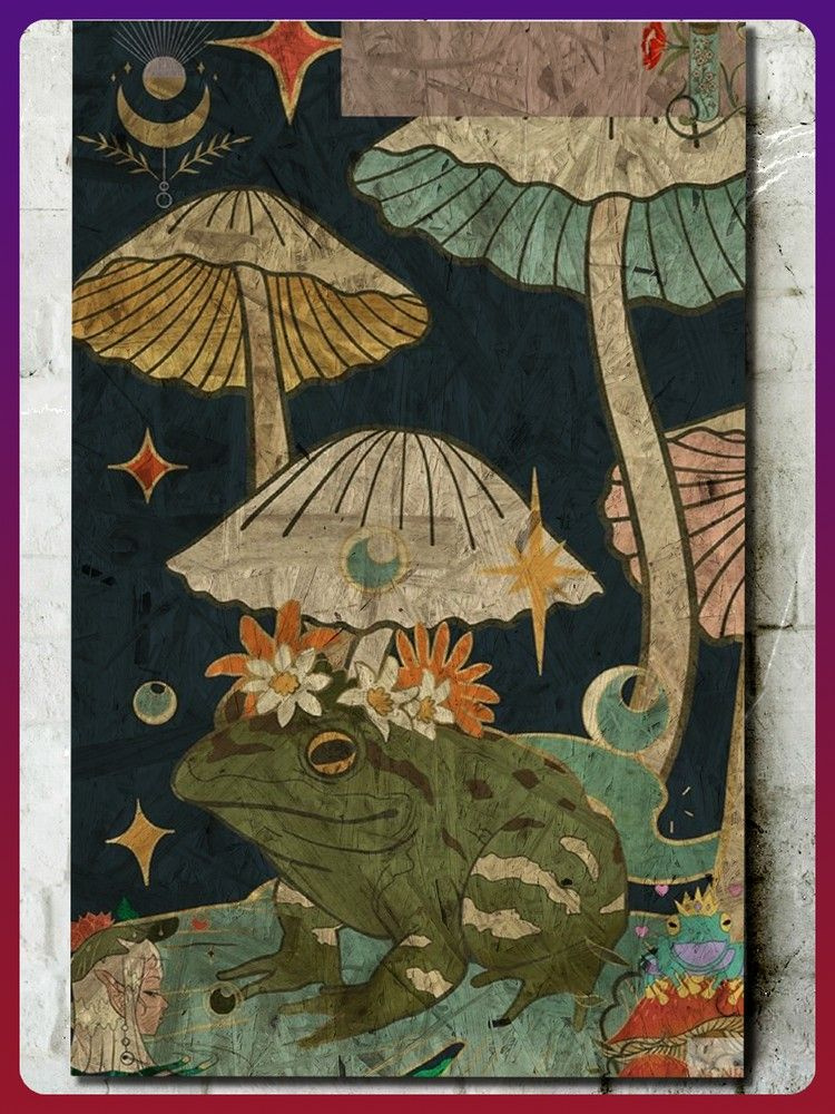 Картина интерьерная на рельефной доске ОСП эстетика лягушка (лес, жабка, эзотерика, хиппи, грибы) - 18355 #1