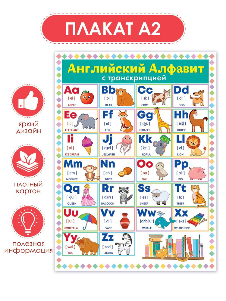 Плакат "Английский алфавит" с транскрипцией, картон, А2, 44х60 см.  #1
