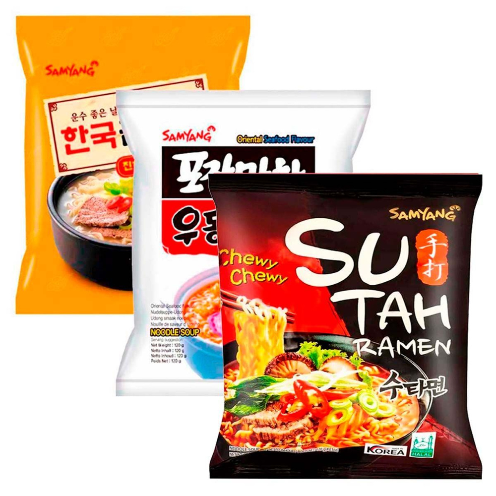 Острая корейская лапша быстрого приготовления Samyang - набор 3 вкуса (SuTah, U-dong, Yukgaejang) (Корея), #1