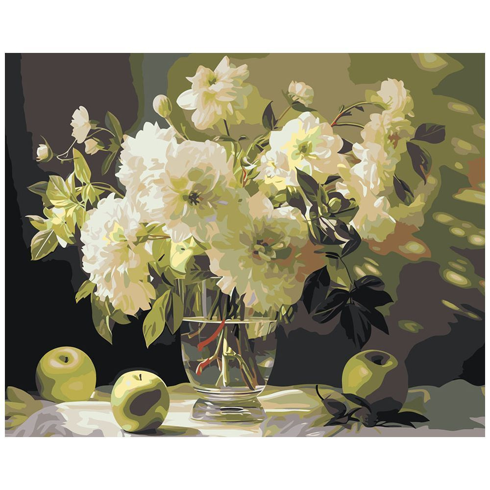 Картина по номерам Цветное на холсте с подрамником "Цветы: Букет из белых георгин и яблоки" Раскраска #1