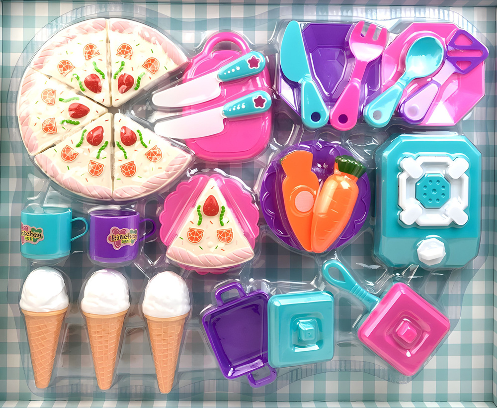 Игрушечный набор детской посуды Kitchen Set, с тортом на липучках, мороженым, набор продуктов для нарезки, #1