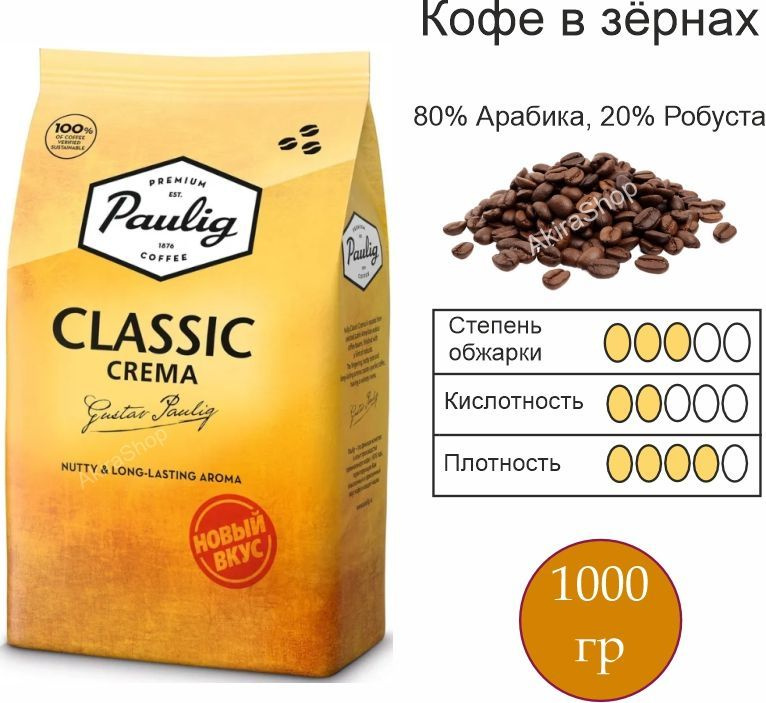 Кофе в зернах 1 кг. Paulig Classic Crema (Паулиг Классик Крема), арабика, робуста, Финляндия  #1