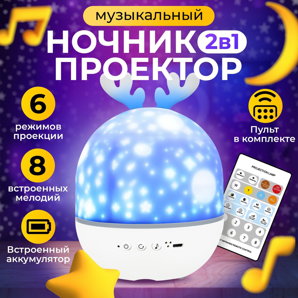 Проектор звездного неба Goodly Cute Elf Projection Lamp с рожками, ночник детский для сна  #1