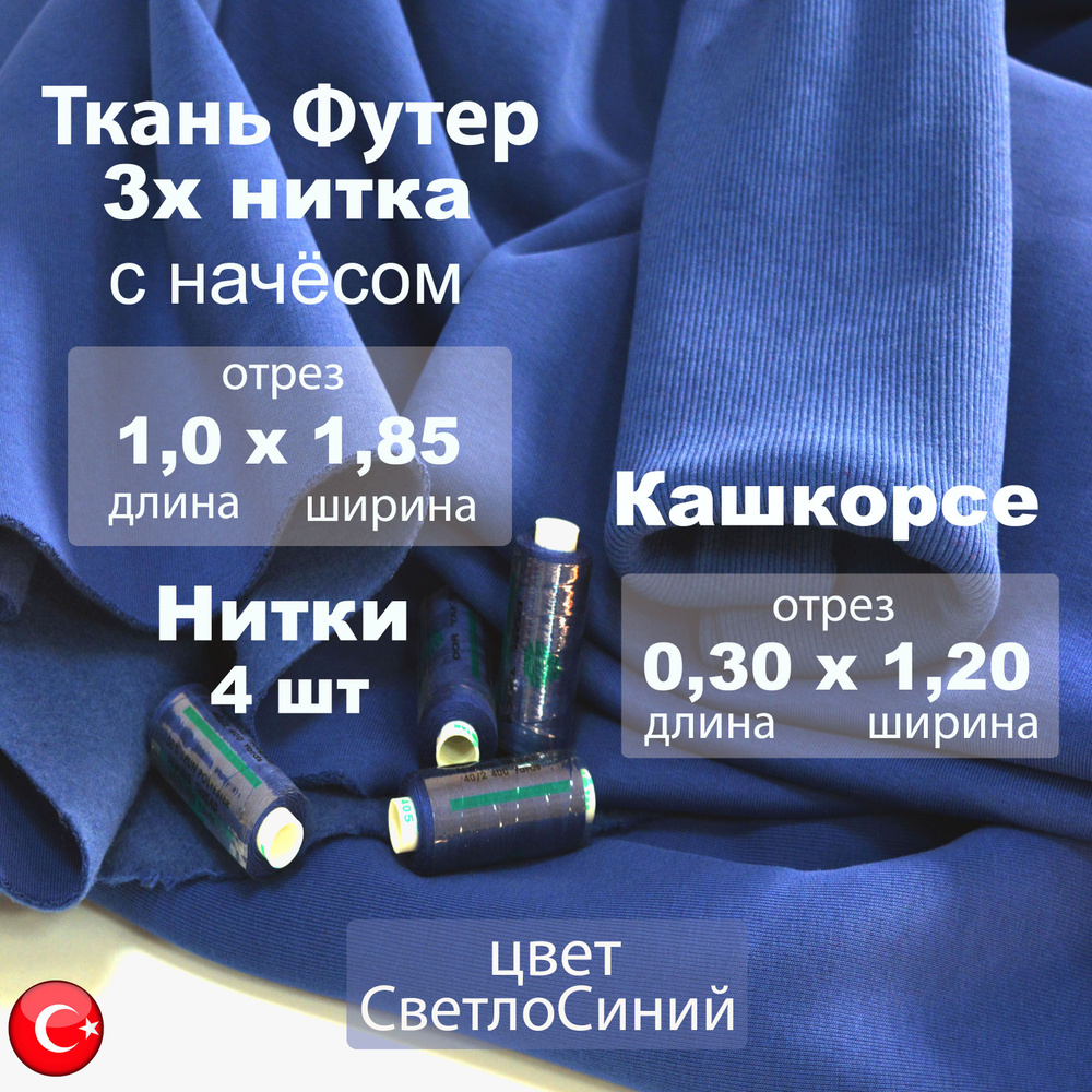 Набор: Футер 3х нитка начес (трехнитка), с Кашкорсе 30 см, цвет Светло-Синий, ткань для шитья отрез 1м #1