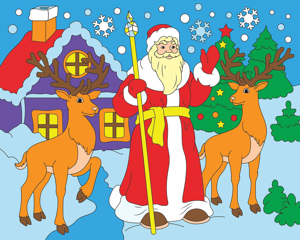 Картина по номерам на холсте. Дед Мороз и олени в зимней сказке. 20х25 см  #1