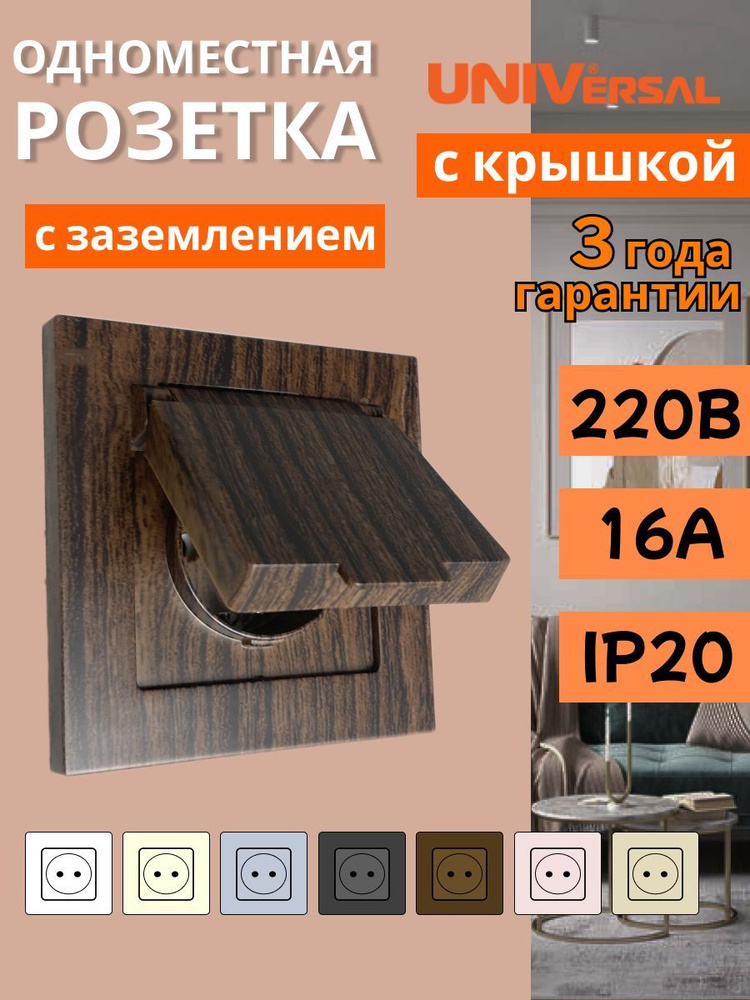 Розетка одинарная с заземлением с крышкой Афина венге - купить по ...