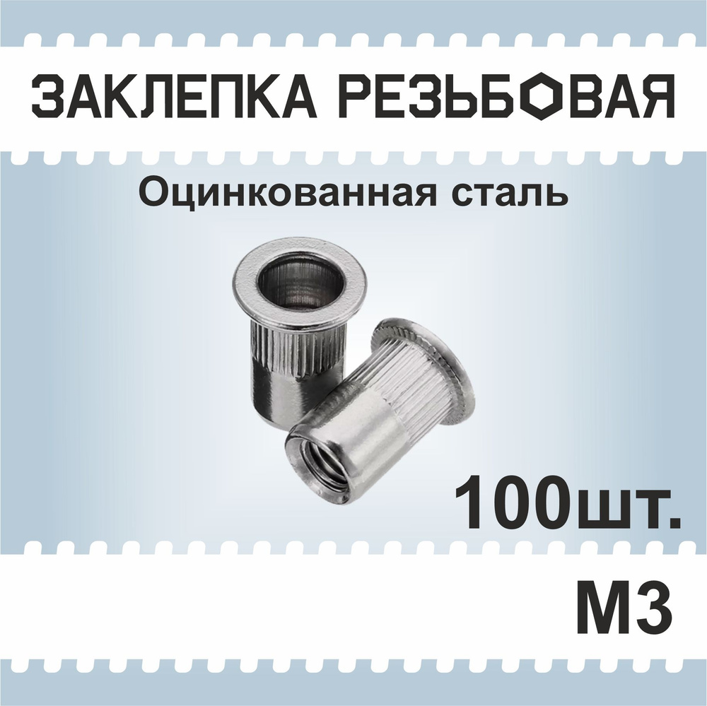 Заклепка резьбовая М3, 100шт. гаечная, винтовая клепка, оцинкованная ...