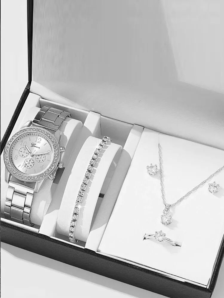 Набор женский, кварцевые наручные часы 39 мм, браслет, ожерелье, кольцо и сережки с вставками в виде #1