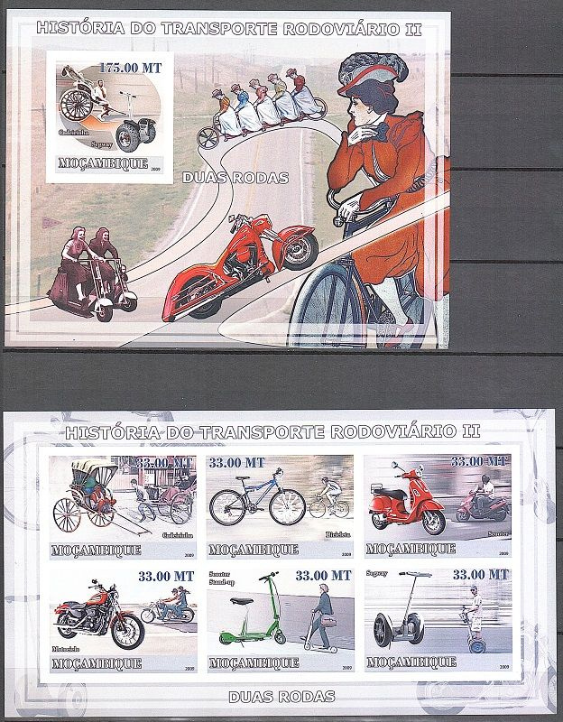 Набор из 2-х чистых блоков марок без зубцов. "История общественного транспорта ". Мозамбик . 2009 год #1