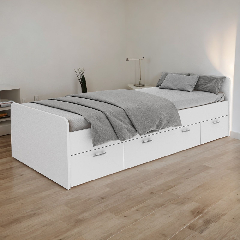 Кровать 90х200 см односпальная Боро с ящиками для хранения и с основанием, белая  #1
