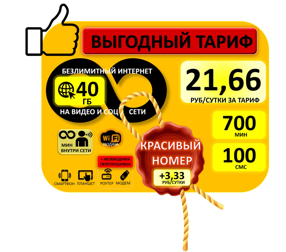 SIM-карта 40ГБ + БЕЗЛИМИТНЫЙ интернет на YouTube, TikTok, мессенджеры и соц.сети, Абон. плата за тариф #1