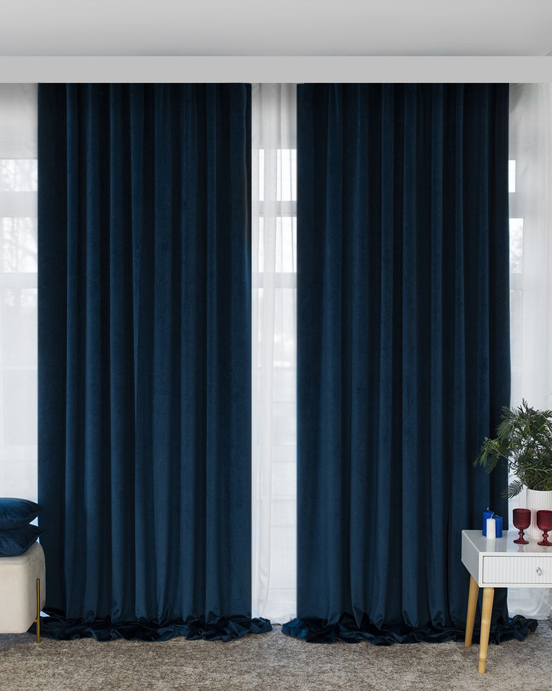 Комплект штор турецкий бархат 400 х 300 см Беллиссимо цвет Темно-синий, для комнаты на окна, портьеры #1