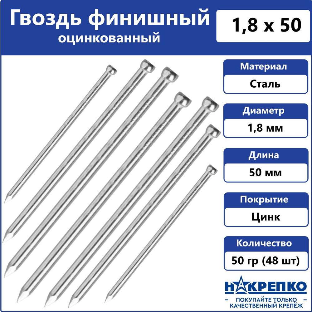 Гвозди финишные 1,8 х 50 мм оцинкованные Накрепко 50 грамм #1