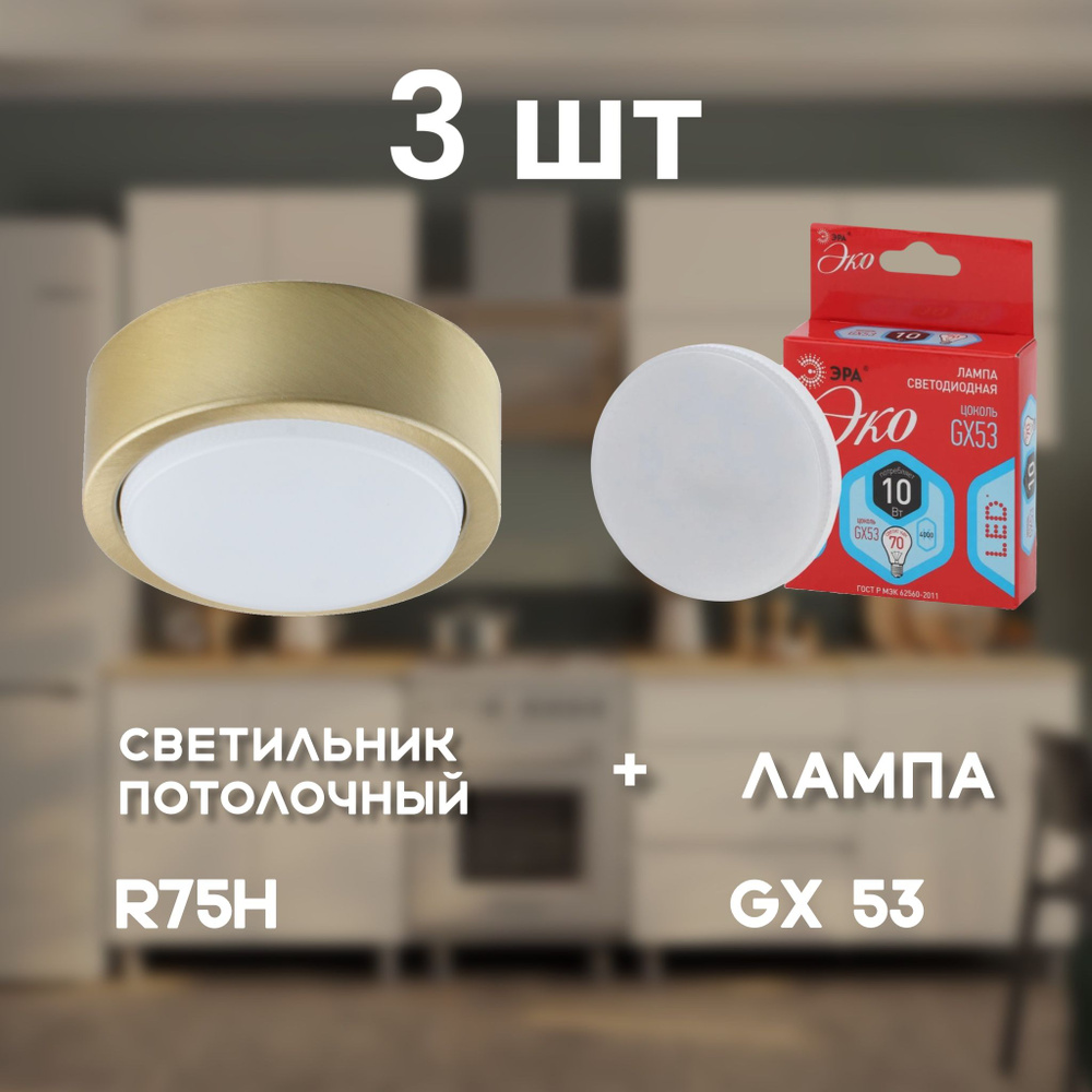 Потолочный светильник золотой СВЕТКОМПЛЕКТ R75H SG + Лампочка ЭРА GX53 10W 4000K  #1